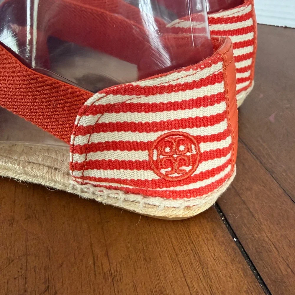 Tory Burch Red White Striped Canvas‎ Elastic Strap Espadrille Flats 8